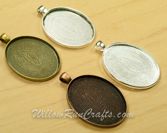 10 pcs 30mm x 40mm Oval Pendant Trays in Antique Bronze, Antique Copper, Antique Silver,and Silver Plated, Blank Bezel Cabochon Setting
