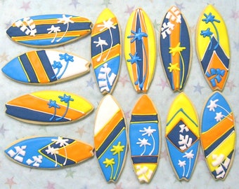 Surfboard Cookies - Surfboard Cookie Favors - Decorated Cookies - 1 Dozen