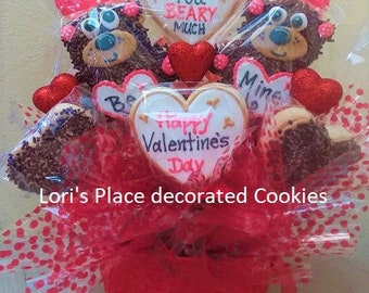 Bear Hugs Cookie Bouquet - Bear Birthday Cookie Bouquet - Valentines Day Cookie Bouquet - 10 Cookies