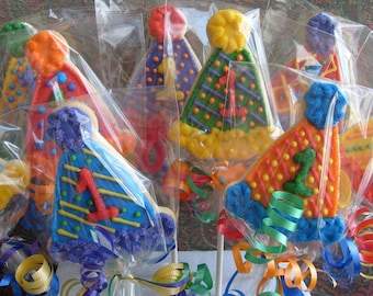 Birthday Hat Cookie Pops - Party Hat Cookies - 1st Birthday Cookies - 12 Cookie Pops