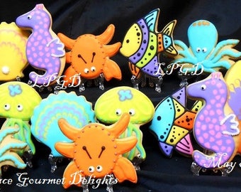 Sea Life Cookies- Octopus- Jelly Fish- Crab- Seahorse- Shells- Fish- Surfboards - Decorated Cookies - 14 Cookies