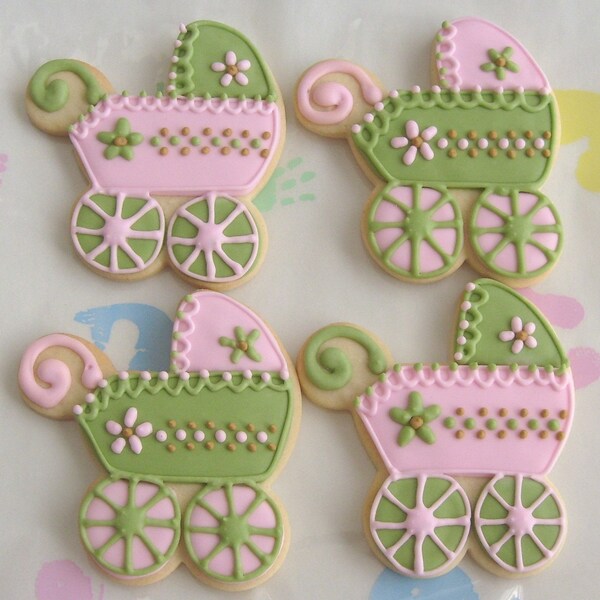 PINK and SAGE Baby Shower Cookies - Baby Carriage Cookies -  Baby Bib - Baby Bottle - Baby Rattle - 1 Dozen