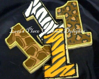 Animal Print Number One Cookies - 1st Birthday Cookies - 12 Cookies