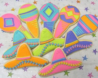 Mexican Fiesta Cookies - Sombrero Cookies - Maraca Cookies - 1 Dozen