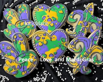 Mardi Gras Cookies - Peace Love and Mardi gras cookies - 6 Cookies