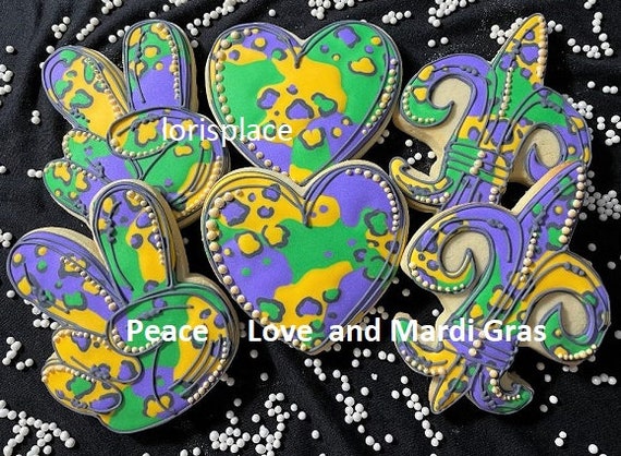 Mardi Gras Cookies - Peace Love and Mardi gras cookies - 6 Cookies Il_570xn