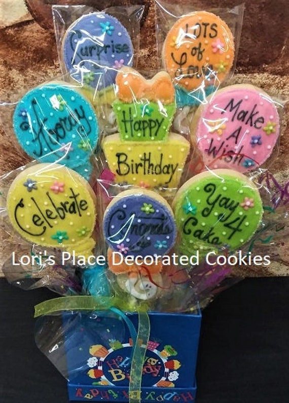 Birthday Cookie Bouquet Balloon Cookie Bouquet 8 Cookies by Lori's
