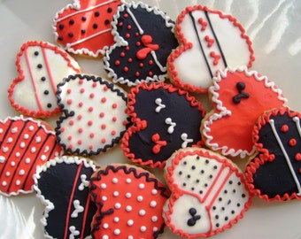 Heart Valentine Cookies -Red and Black and White Heart Valentines - 12 Cookies