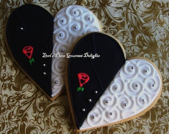 Tux and Gown Wedding Cookies - Wedding Day Bliss -  Heart Wedding Cookie Favors - 12 Cookies