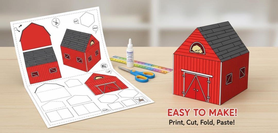 Printable 3D Paper Barn – Kids Cut & Glue Craft Kit – Instant Digital ...