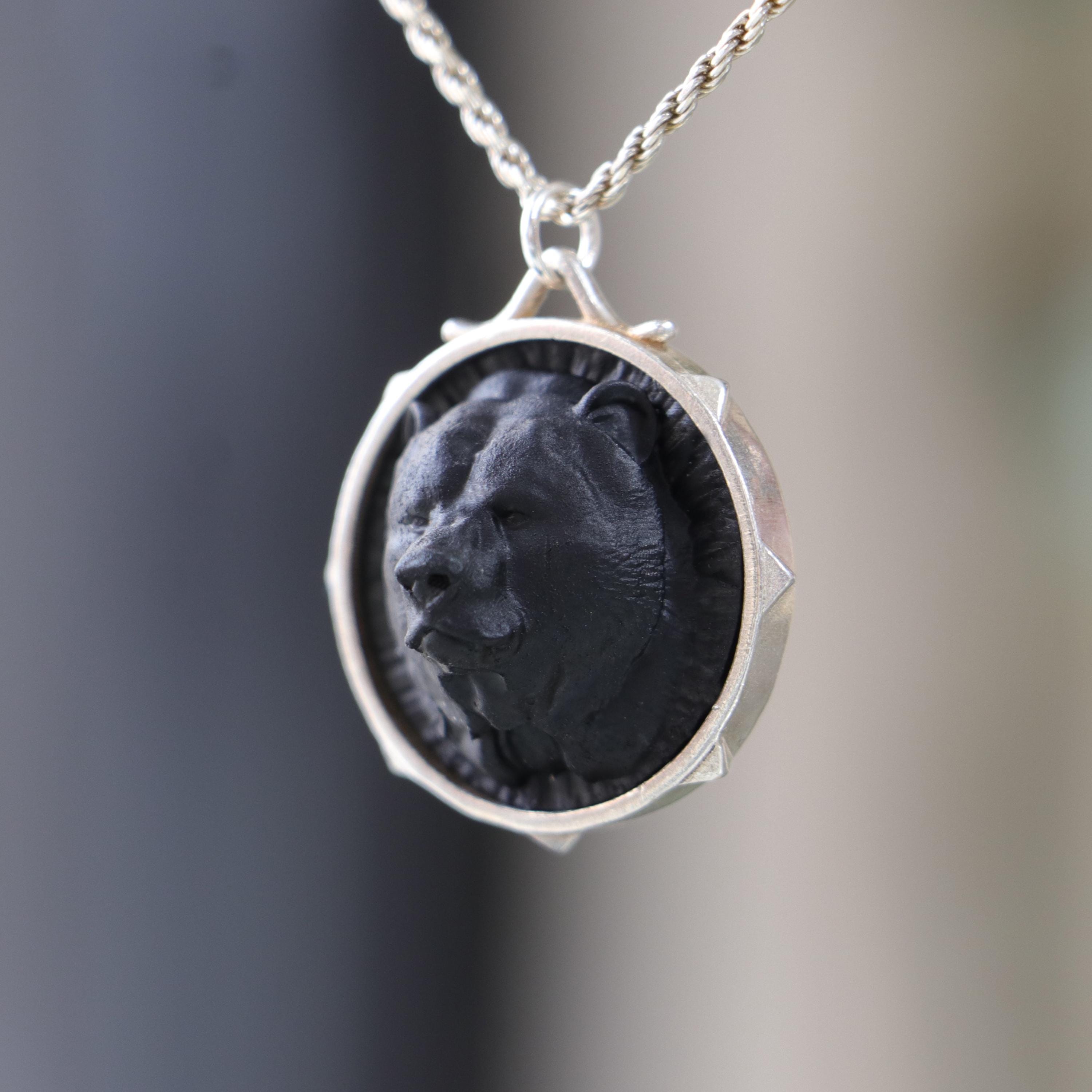 Marble Bear Necklace, 925 Silver Necklace, Black Marble Bear