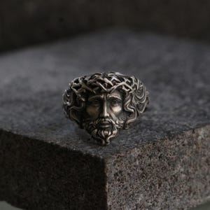 Jesus Silver Ring, Jesus Head Ring, Catholic Christian Ring, Religious Jewelry for Men, Statement Faith Ring, Christ with Crown of Thorns