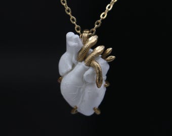 Marble & Bronze Anatomical Heart Necklace, Serpent Pendant, Snake Heart Necklace, Nurse Pendant, Medical Gifts, Nurse Gifts, Medical Jewelry