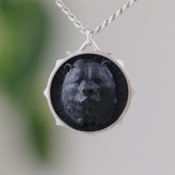 Marble Bear Necklace, 925 Silver Necklace, Black Marble Bear