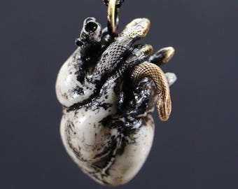 Marble Handmade Anatomical Human Heart Necklace, Snake Heart Necklace, Anatomical Necklace, Antique Bronze Anatomical Heart Pendant, Gift