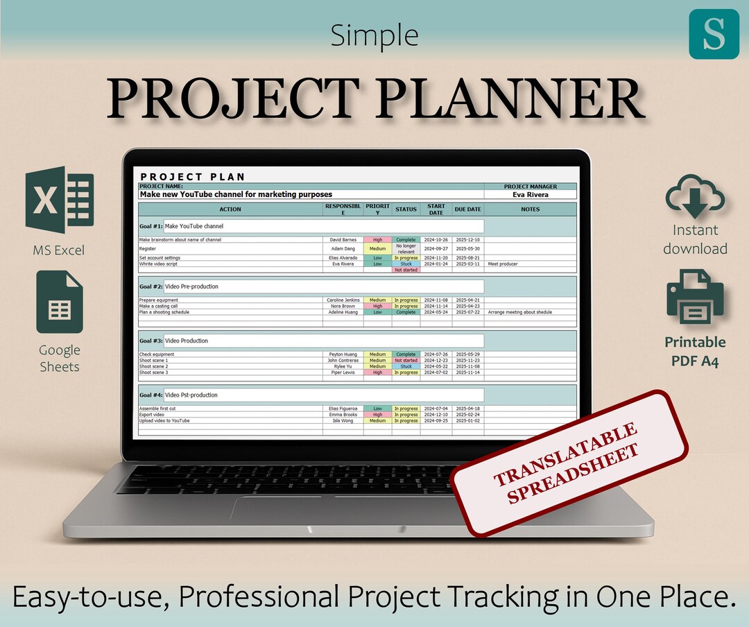 Simple Project Planner | Excel & Google Sheets | Auto Color Coding ...