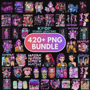 May include: A collection of KPOP-themed PNG graphics, featuring various illustrations of anime-style characters, text, and logos. The central graphic reads "420+ PNG BUNDLE". The images are in a variety of colors, including pink, purple, blue, and yellow, on a black background.