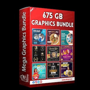 Può includere: Una scatola rossa con il testo "Mega Graphics Bundle" e "675 GB GRAPHICS BUNDLE". La scatola mostra vari esempi di design grafico, tra cui temi HVAC, cibo, bellezza e fitness. Sono visibili icone di social media.