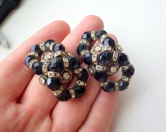 Jet Black Stone/Rhinestone - Clip Earrings - large