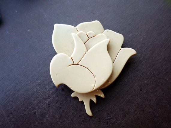 Rare French Celluloid Rose Pin/Brooch - Stylized … - image 1
