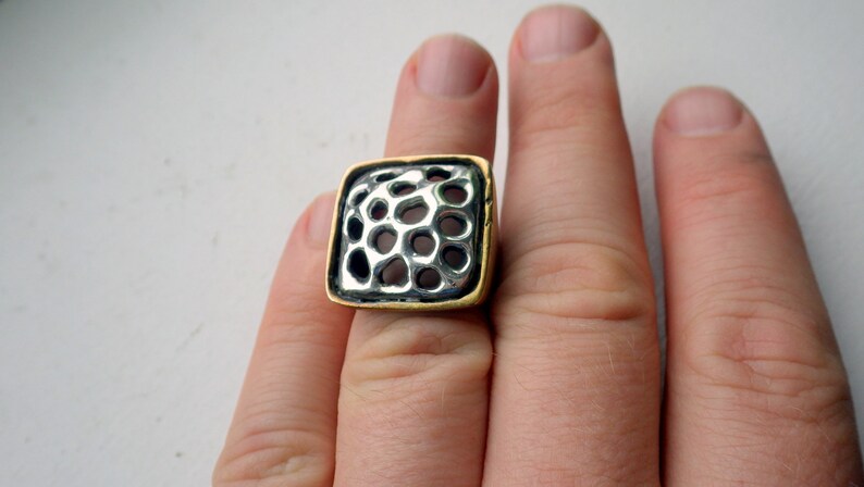 Brutalist Style Unusual Sterling and Brass Ring 1970s Handmade Size 7.5-8.