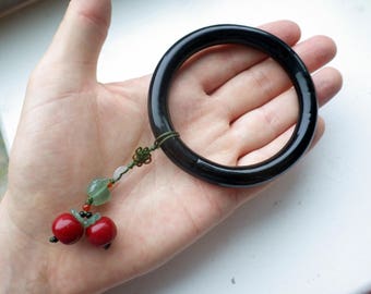 Rare Glass Bracelet - Japanese - Cherry Blossom Charm - Jet Glass - Vintage