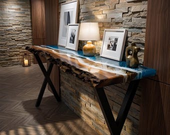 Live Edge Console Table, Epoxy Console Table, Narrow Console Table, Resin Table Top, Ocean Resin Table, Custom Resin Table, Resin Wave Table