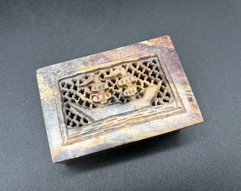 Vintage Handmade Soapstone Trinket Dish with Ship Design | Stone Jewelry Box with Lid | Made in India Carved Storage Box with Boat