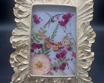 Handmade Framed Botanical Hummingbird Butterfly Art — Real Flowers in Resin, Vintage Style Wall Décor