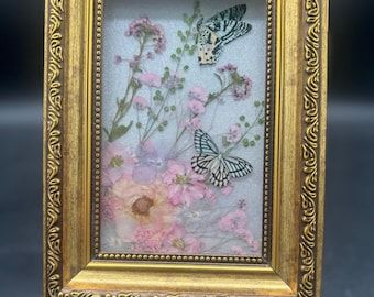 Handmade Framed Botanical Butterfly Art — Real Flowers in Resin, Vintage Style Wall Décor