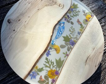Handmade Live Edge Holly Wood Lazy Susan with Real Dried Flowers & Resin | One-of-a-Kind Floral Serving Tray