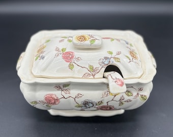 Vintage Tilso Japan Transferware Soup Tureen with Ladle | Midcentury Covered Vegetable Casserole Gravy Dish with Rose Floral Pattern