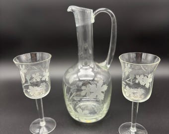 Vintage Etched Glass Grape and Leaf Decanter and Two (2) Wine Glasses | Decorative Glass Barware | Etched Glass Pitcher and (2) Goblets