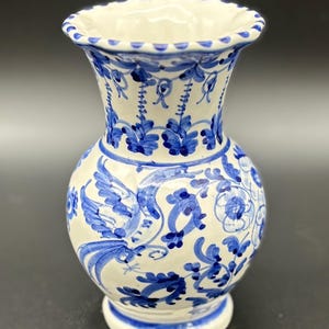 Blue and White Bird and Flower Decorative Vase | Hand Painted Signed Ceramic Birds and Floral Pattern Pottery Vase