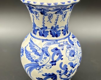Blue and White Bird and Flower Decorative Vase | Hand Painted Signed Ceramic Birds and Floral Pattern Pottery Vase