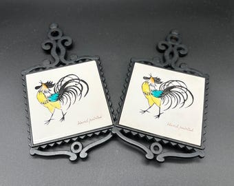 Pair Hand-painted Rooster Trivets | Black Metal & Tile Japanese Chicken Footed Trivet | Farmhouse Kitchen Decor | Rooster Kitchen Accessory