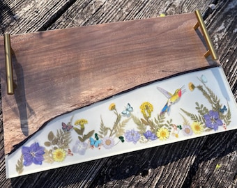 Handmade Live Edge Walnut Wood Serving Tray with Real Dried Flowers & Resin | One-of-a-Kind Floral Serving Platter