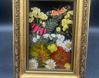 Handmade Framed Botanical Butterfly Art — Real Flowers in Resin, Vintage Style Wall Décor