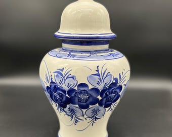 Blue and White Hand Painted Portuguese Floral Lidded Vase | European Handmade Blue and White Decorative Urn