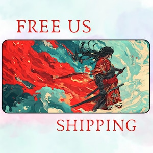 Anime Style Samurai Gaming Mousepad | Vibrant Colors Desk Mat | Watercolor Design
