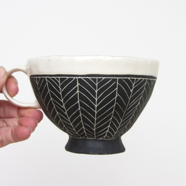 Porcelain Cappuccino Cup in Black Herringbone - Ready to Ship