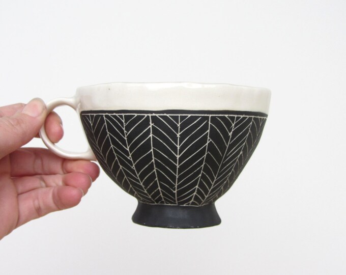 Porcelain Cappuccino Cup in Black Herringbone Ready to Ship Etsy