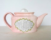 Doily Patterned Teapot with Peach and Olive Green