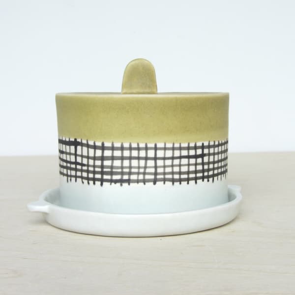 Porcelain Plaid Lidded Cheese Plate in Olive Green and Celadon Blue - Ready to Ship