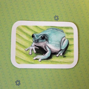 May include: A rectangular sticker featuring a detailed illustration of a light blue and white tree frog resting on a large, textured green leaf. The frog has large black eyes and is positioned in the center of the sticker, which has rounded corners.