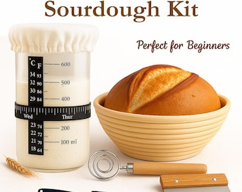 Sourdough Starter Kit All-in-one for Beginners - Jar with Temp Band, 9" Banneton Proofing Basket, Danish Whisk & Scraper