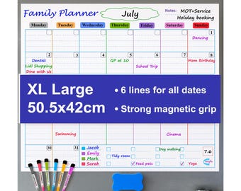 Large Monthly, Daily Fridge Magnetic Whiteboard (50.5×42 cm). Monday Start, 6 Rows Fit All 31 Days, 4 Lines per Day. Markers&Eraser Included