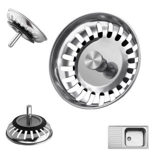 May include: A set of stainless steel kitchen sink drain components. The image shows a drain with a removable strainer, a rubber seal, and a central knob. The drain has a circular design with multiple slots. Also shown is a stainless steel sink.