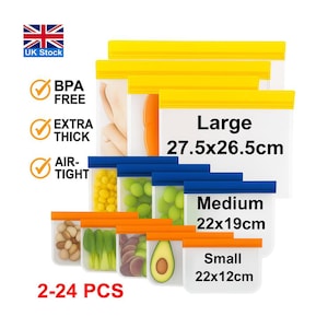 May include: A set of 24 clear food storage bags with coloured zipper seals. Large bags measure 27.5x26.5cm with yellow seals, medium bags measure 22x19cm with blue seals, and small bags measure 22x12cm with orange seals. Text includes BPA FREE, EXTRA THICK, AIR-TIGHT.