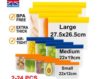 2-24 PCS Silicone Reusable Food Storage Bags Zip Lock Freezer Bag Leakproof